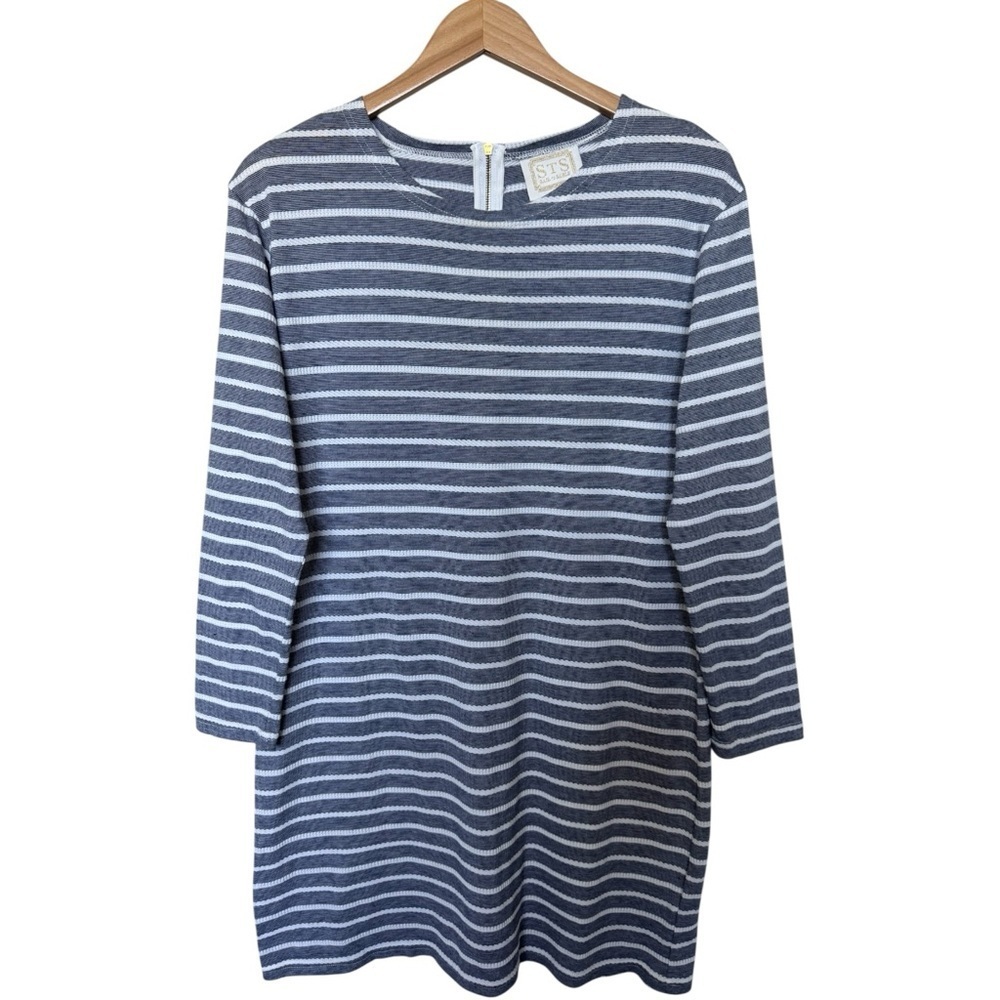 SAIL TO SABLE Textured Knit Long Sleeve Mini Dress Navy White Striped Large